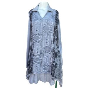 Gray Crochet Patchwork Tunic Top L Lagenlook Boho Ruffle Lace Roll Tab Sleeve